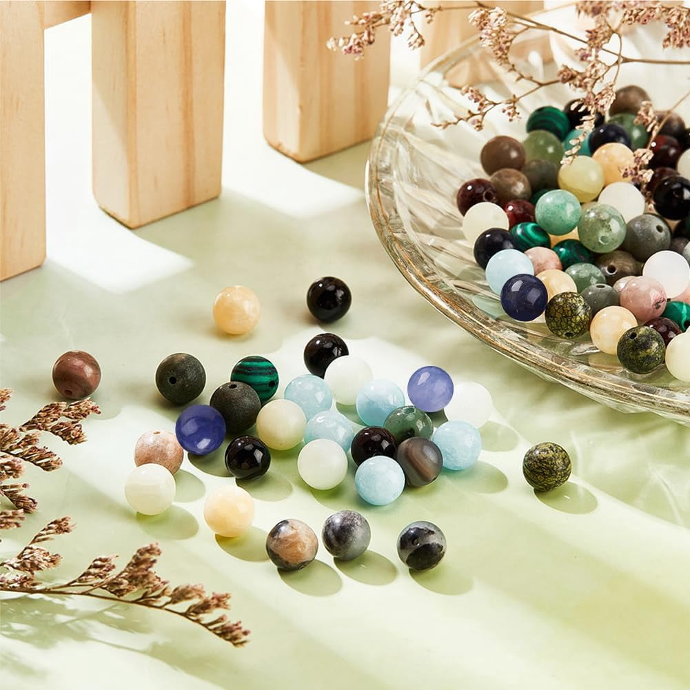 375 Pcs 15 Styles Natural Gemstone Beads, 8mm Mixed Stone Spacer Beads Natural Round Loose Beads Engry Crystals Gemstone Beading for DIY Bracelet Necklaces Jewelry Making