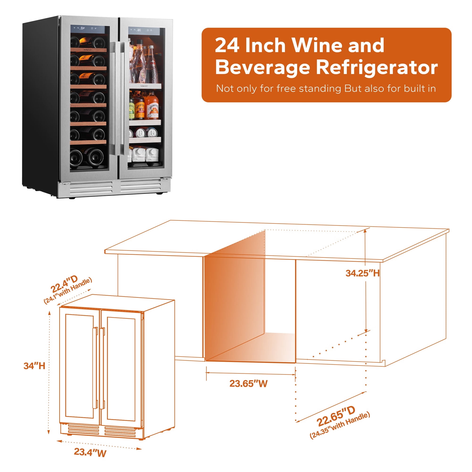 Ca'Lefort Wine Cooler Beverage Refrigerator, Hold 60 Cans and 66 Bottles Dual Zone Wine Fridge Freestanding & Built-in with Stainless Steel frame for Kitchen Office