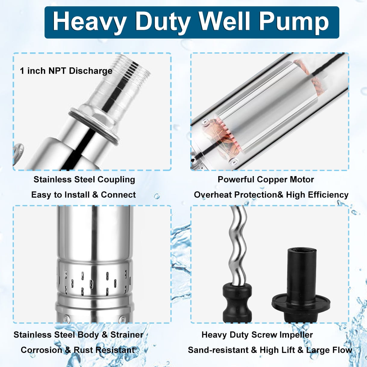 iMeshbean 1 HP 110V Submersible Water Pump, 4" Deep Well Submersible Pump, 328 ft Max Lift, 12 GPM