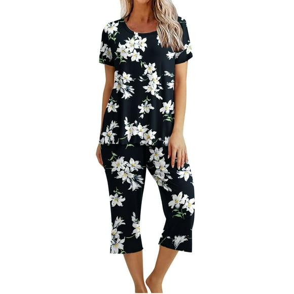 Lolmot Femmes Printing Round Neck Short Sleeve Sleepshirt et Pants Sets Loungewear Pajamas With Pockets