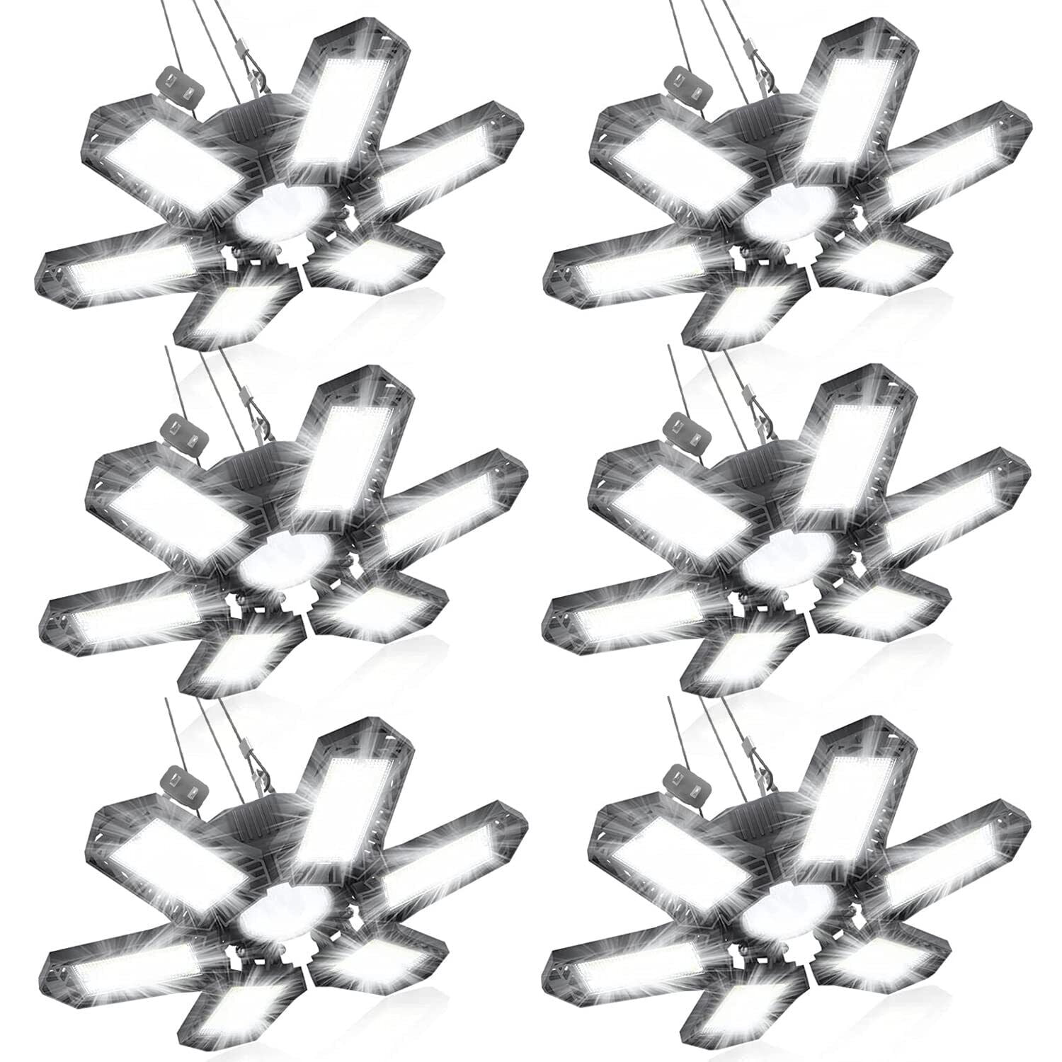 Brobantle Plug-In 200W LED Garage Ceiling Light Adjustable 6-Light 20000LM Deformable Panels Black 6500K