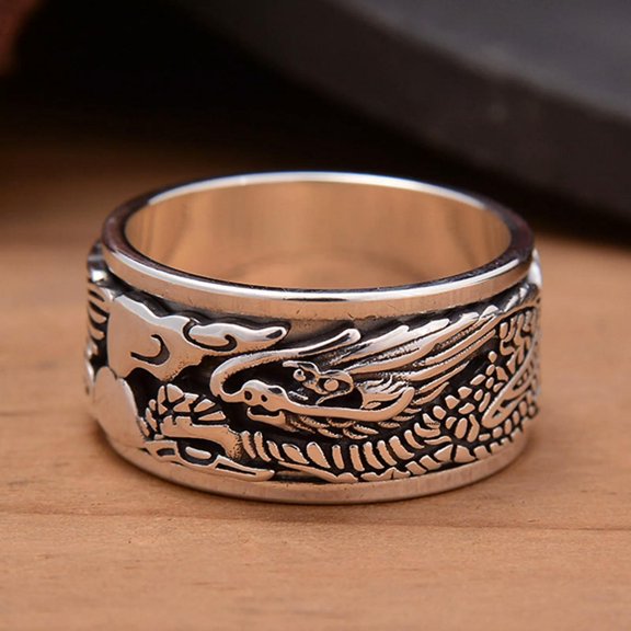 K-KED Solid 925 Sterling Silver Band Men Lucky 12mm Dragon Turn Ring 14g/US Size 10