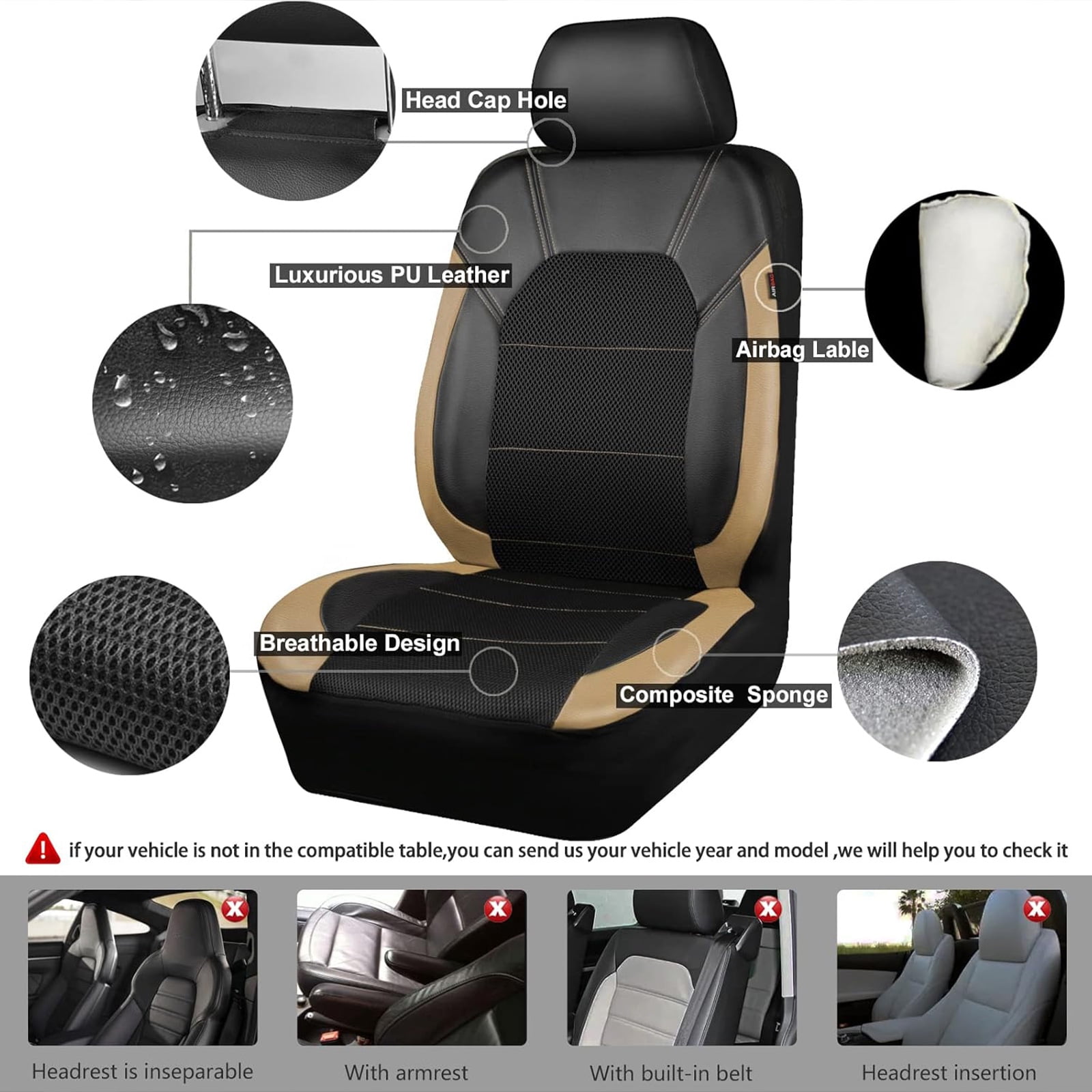 CAR GRAND Leather car seat covers full set air mesh breathable universal fit airbag compatible car, SUV, truck and van Beige