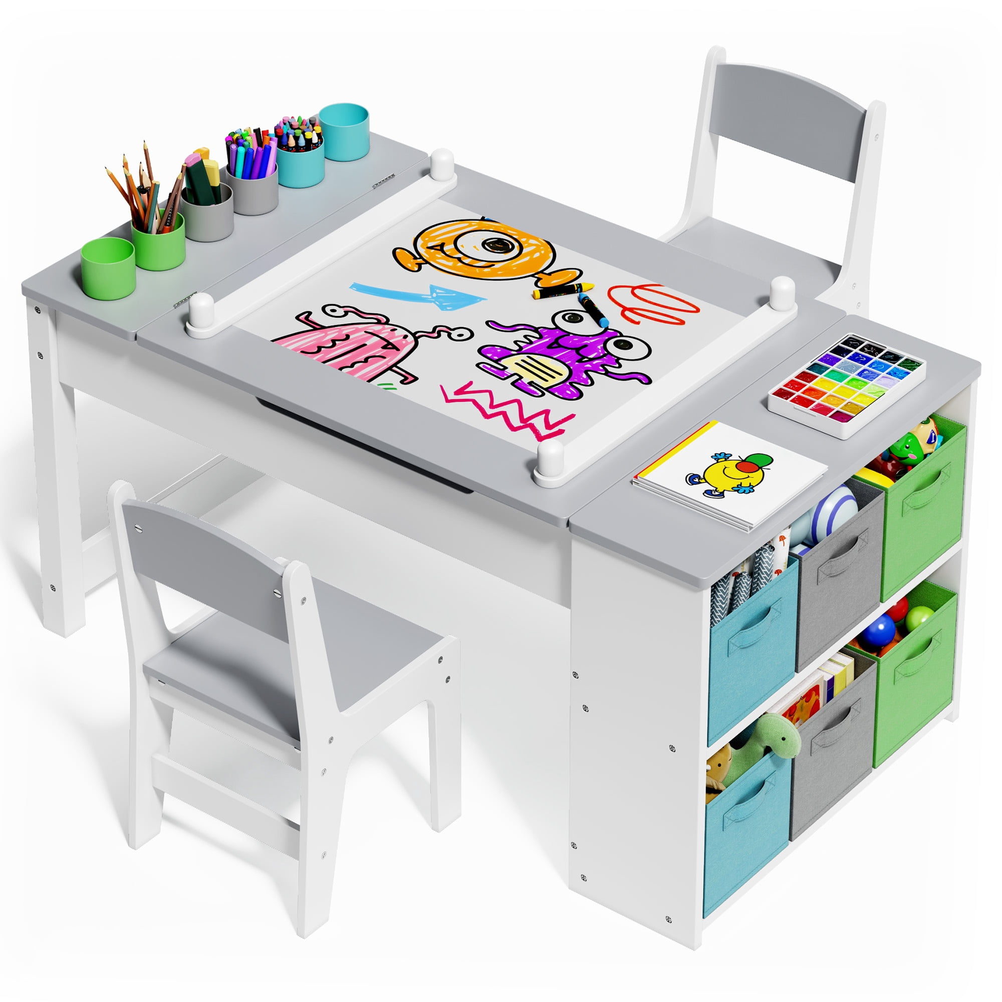 Asofer Kids Art Table with Storage, Kid Acitivity Table and Chair Set for Playing Painting Studying Crafting, White/Gray