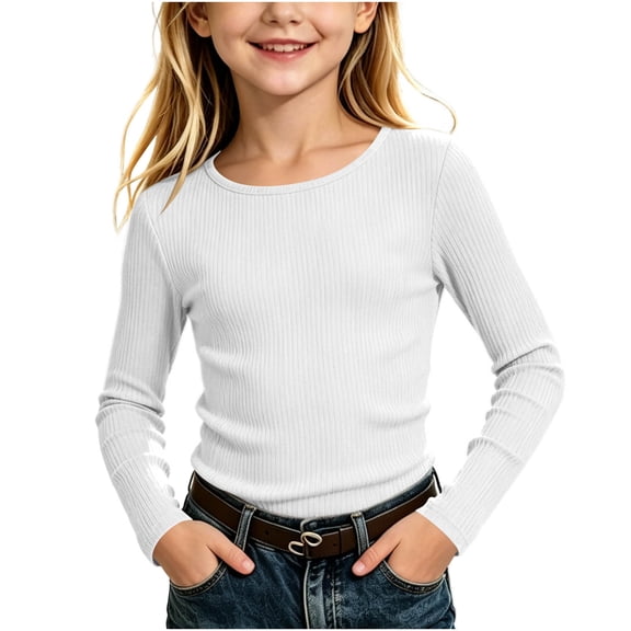 Khunlpohl 5-13 Years Girls Shirts Round Neck Solid Color Slim Undershirts Ribbed Long Sleeve Lounge Clothes for Kids