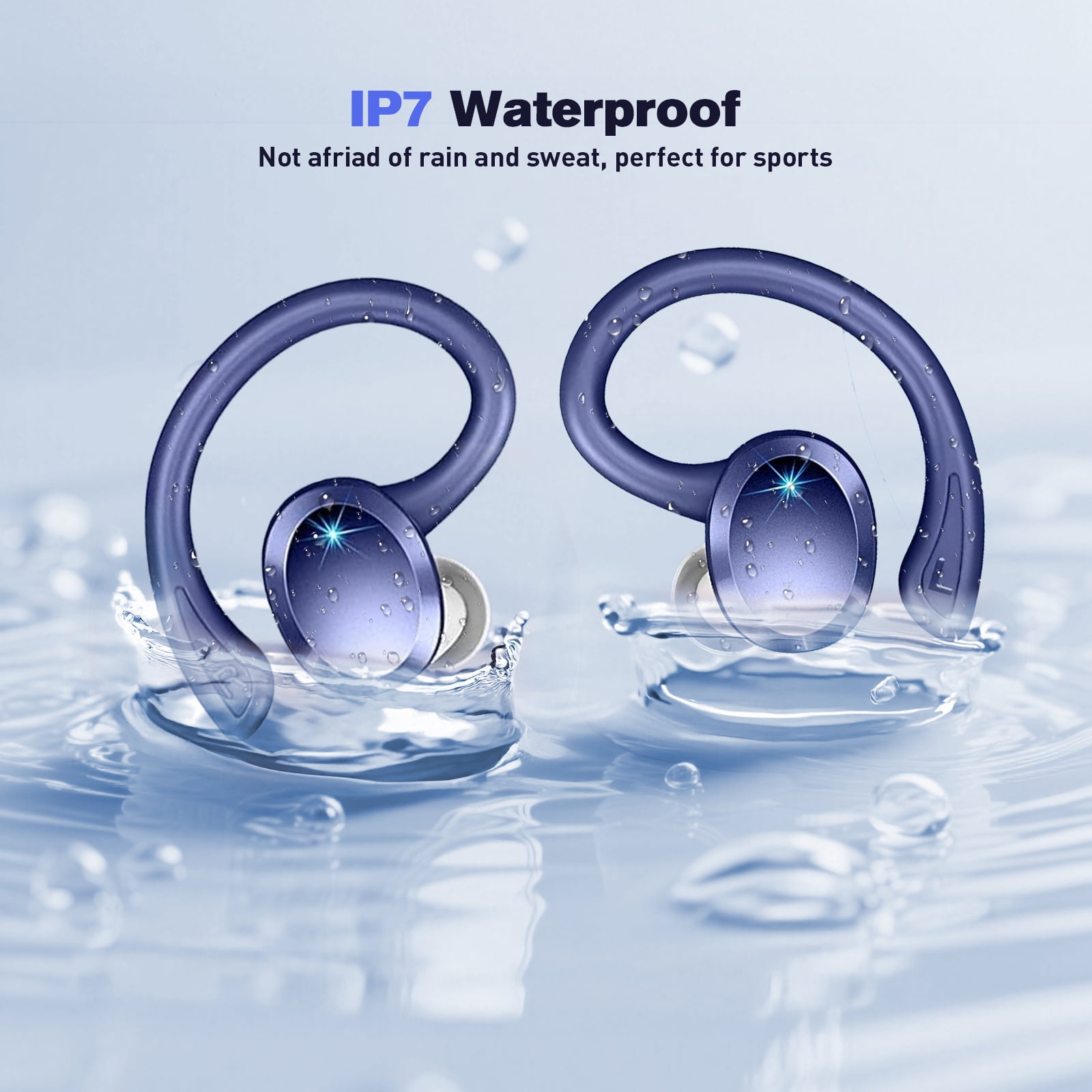 Wireless Earbuds - ETEPPEHI Bluetooth 5.3 Stereo Ear Buds with Earhooks, ENC Noise Cancelling Mic, IP7 Waterproof Earphone for Workout/Running, Blue