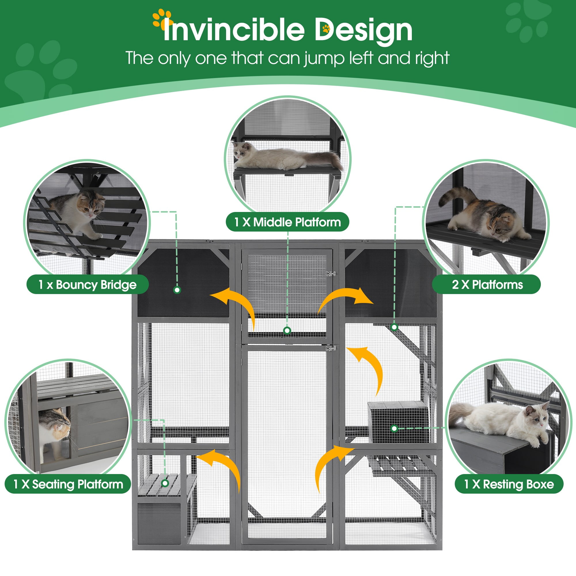 Pefilos 67" Cat House Outdoor Catio Kitty Enclosure with Enter Door, Wood Cat Cage Condo Indoor Playpen with Platforms and Small House, Gray
