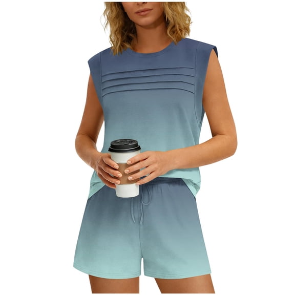 2 Piece Sets for Women Summer Clothes Gradient Color Short Sleeve Round Neck Top and Shorts Sport Set