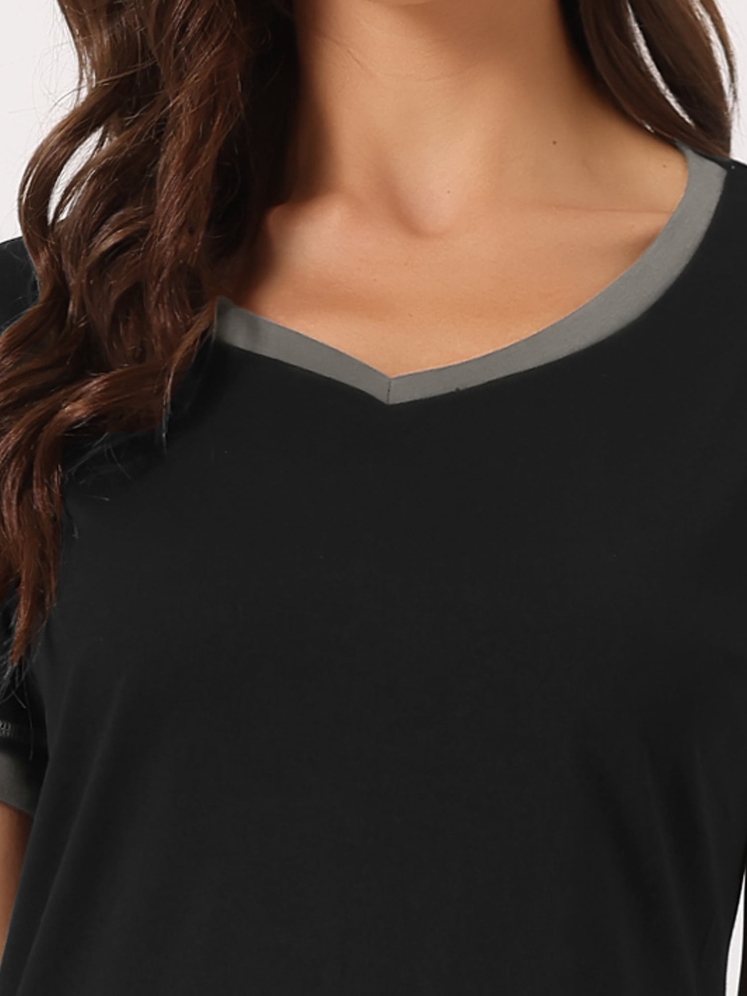 DARING DIVA Women's Short Sleeve V Neck Contrast Color Nightgown Sleepdress M Black