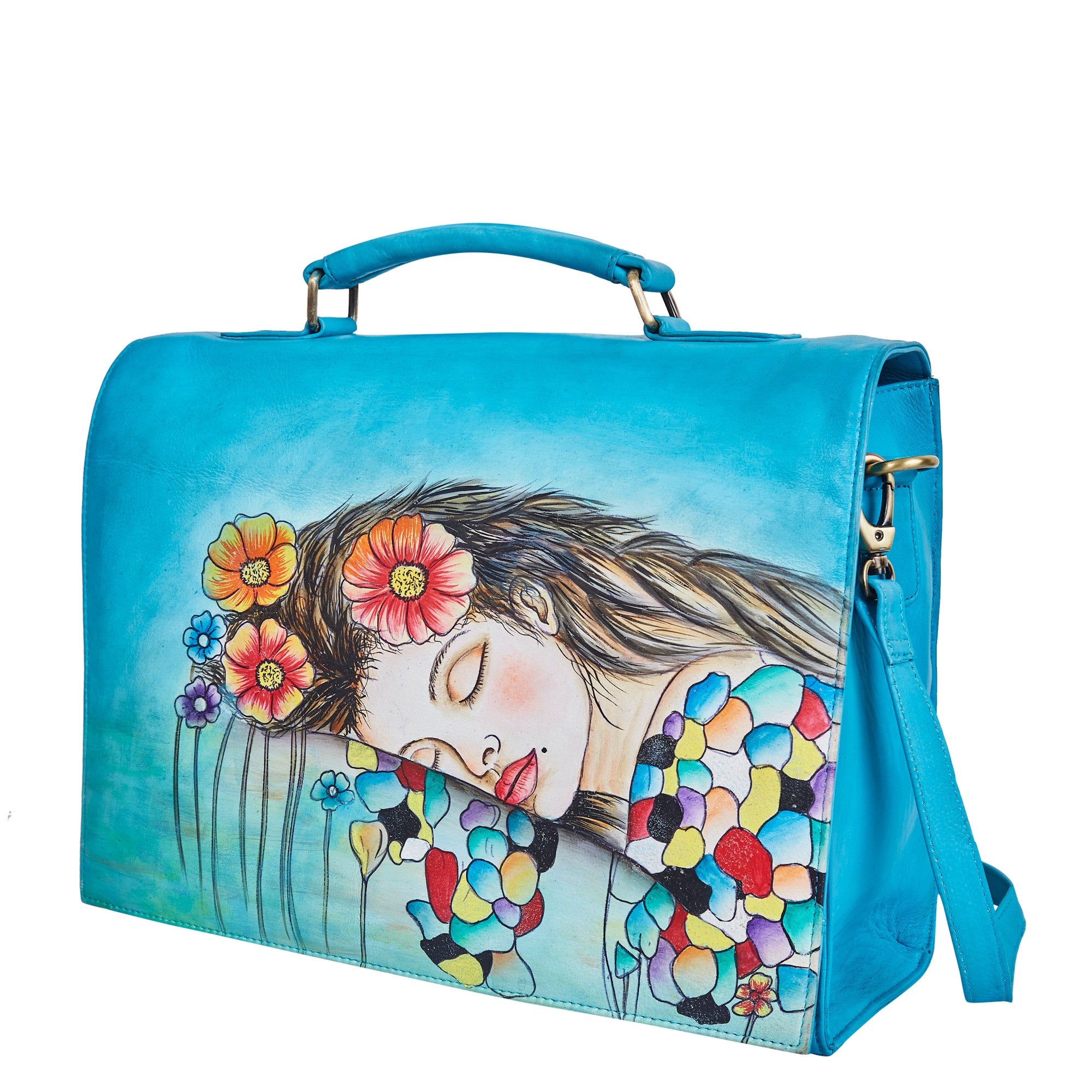 Sishka Womens Beautiful Dream Hand-Painted Leather Ladies Bags – Blue Business Shoulder, Crossbody Messenger & Laptop Briefcase
