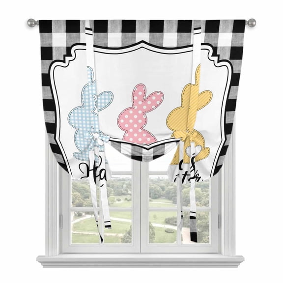 Happy Easter Tie Up Curtains for Windows, Balloon Window Shades, Cute Lovely Colorful Rabbits Black White Plaid Kitchen Window Treatments Roll Up Curtain for Basement/Nursery 52"x45"