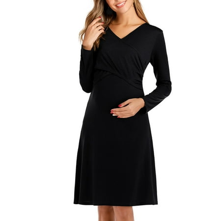 

LoyisViDion Womens Maternity Dresses Clearance Summer Middle Sleeve Lace Maternity V-Neck Dress Fashion Lacing Skirt Nightgown Black M