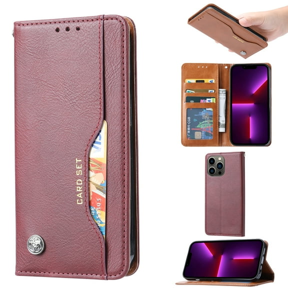 Elehold Clasp Wallet Case for iPhone 14 Pro Max 6.7 inch Ultra Slim PU Leather+Soft TPU Shockproof with Kickstand Folio Flip Card Cash Slot Full Body Protection Case,Winered