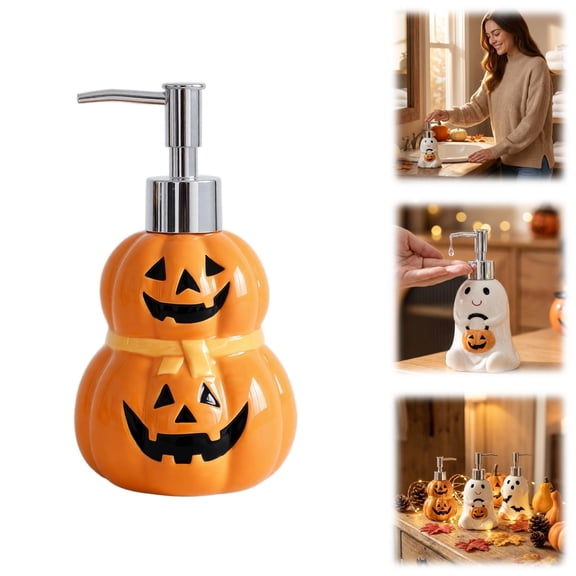 Halloween Soap Dispenser, Decorative Lotion Pump for Bathroom or Kitchen Countertop, Hand Painted Resin Halloween Decor (Pumpkin)