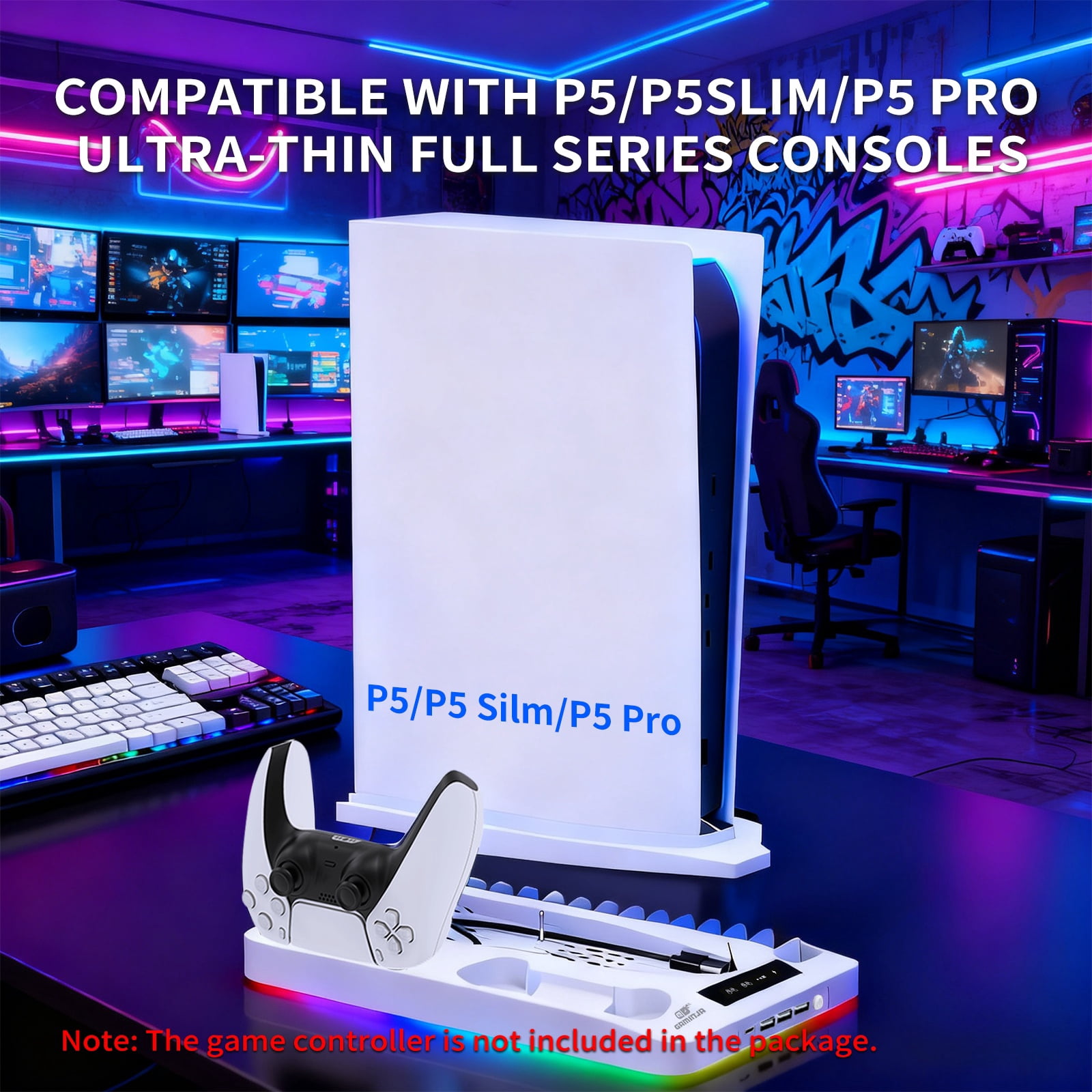 GAMINJA PS5 Cooling Stand with Dual PS5 Controller Charger Dock, PS5 Accessories PS5 Cooling Station for PlayStation 5 Disc/PS5 Digital/PS5 Slim Disc/PS5 Slim Digital/PS5 Pro Disc/PS5 Pro Digital