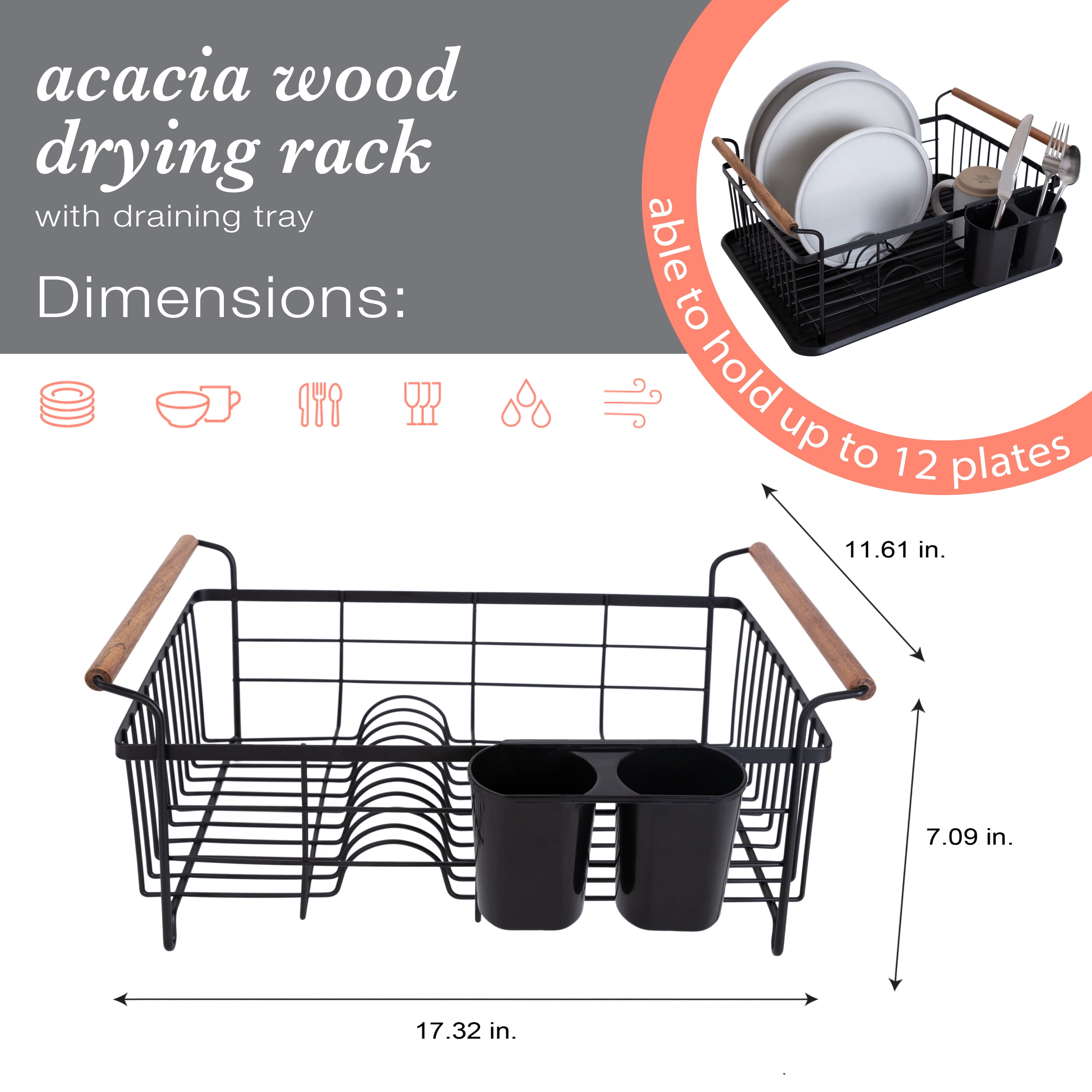 Kitchen Details Acacia Wood Drying Rack with Draining Tray in Black