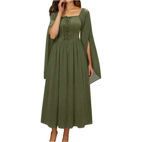 Renaissance Dress for Women Square Neck Flowy Cape Sleeve A-Line Midi Vintage Gown Cosplay Medieval Dresses