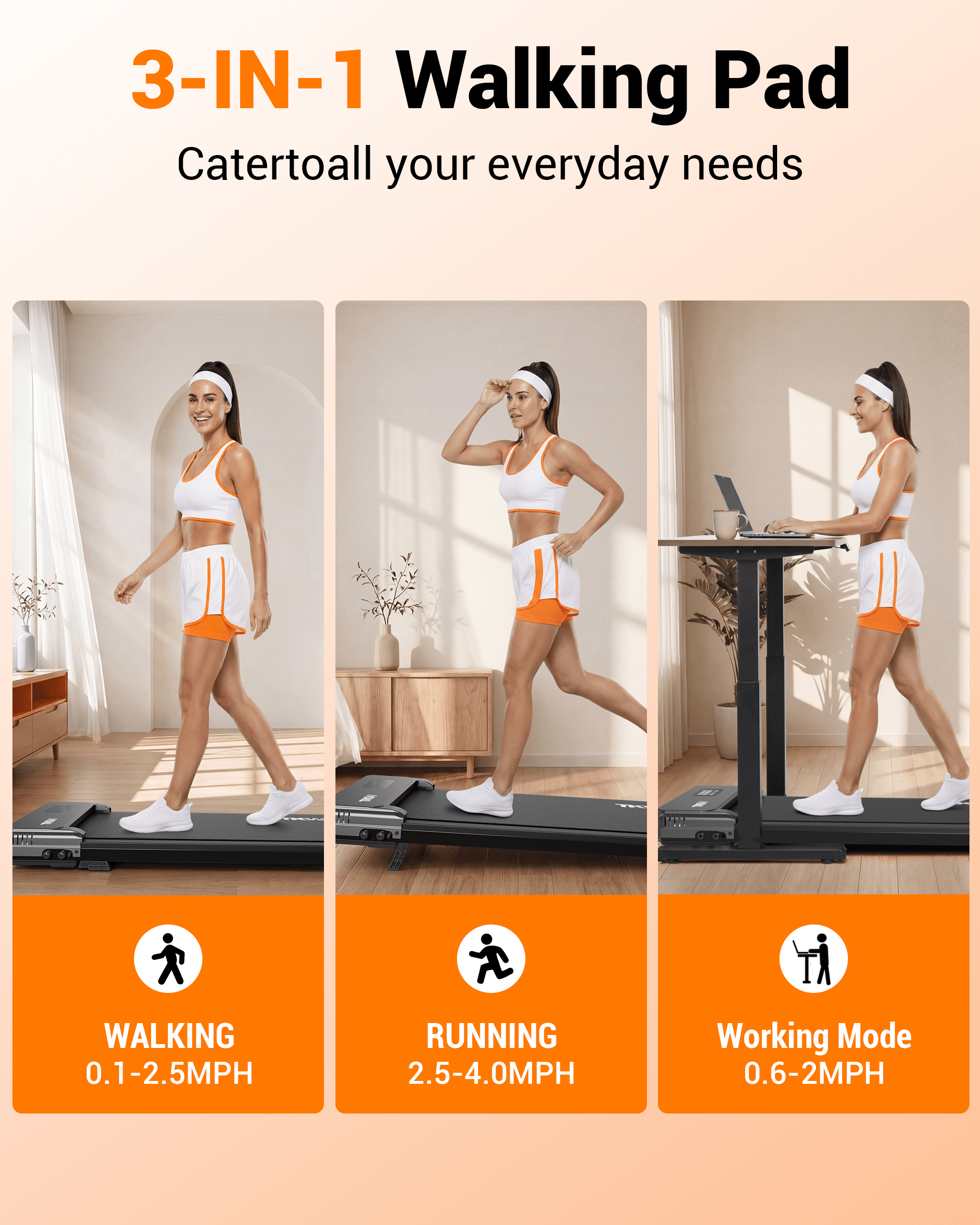 TKW 3-in-1 Under Desk Walking Pad Treadmill, Portable Compact walk pad for Home Office, 200 lbs Capacity walkingpad treadmill, Walking Pad, Black