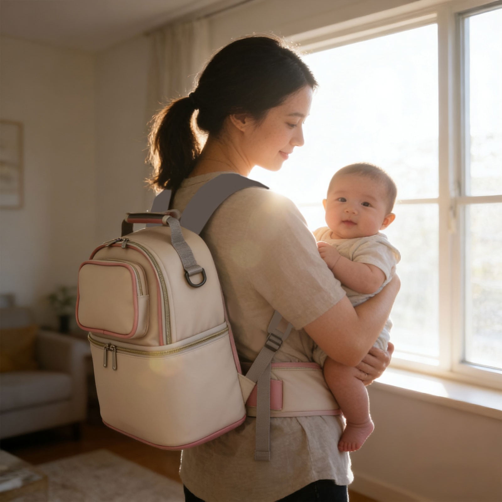 Multi Functional Mom Portable Insulated Double Layer Backpack for Mother and Baby, Large Diaper Bag with Thermal Pocket for Bottles, Waterproof Travel Bag for Outing