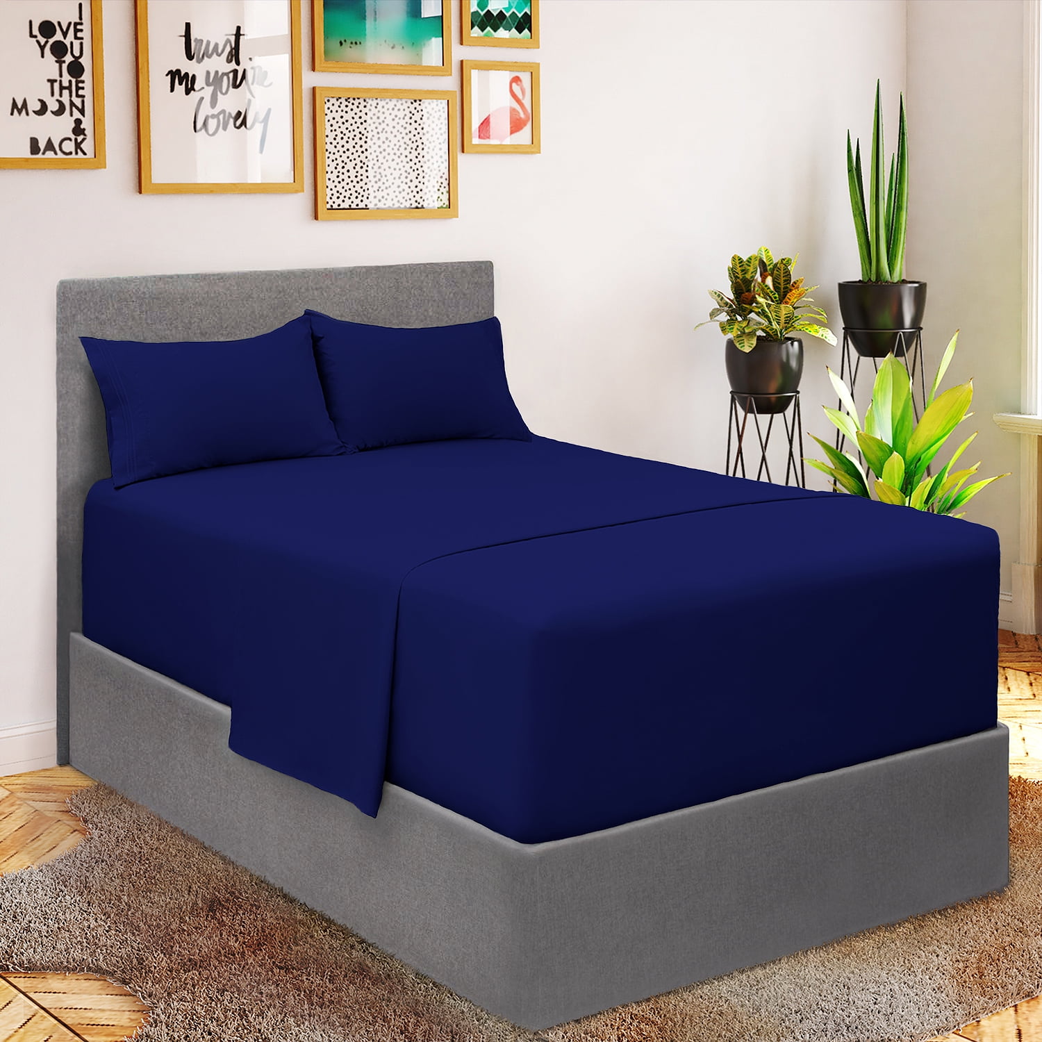 Luxury Plain Percale Cotton Double Bed Mattress Elastic Fitted Sheet Royal Blue 