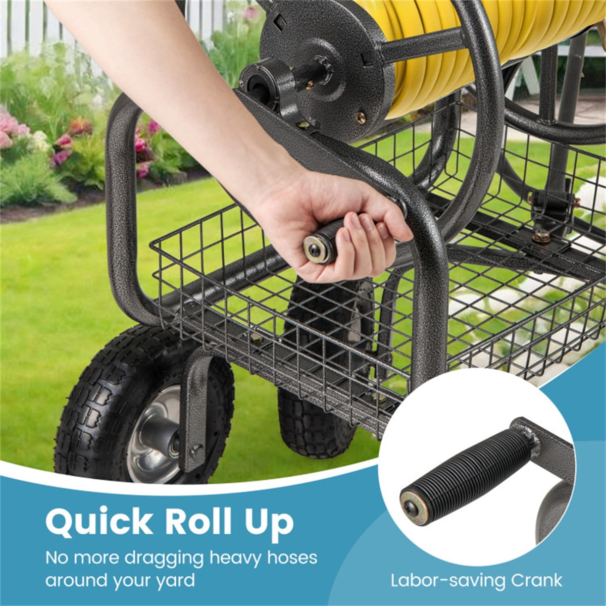 Heavy Duty Garden Hose Reel Cart 10" Pneumatic Wheels Large Capacity Hose Winder with Storage Basket & Brass Fittings Mobile Outdoor Water Hose Holder for Garden Lawn Gray