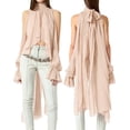 thumbnail image 3 of Women'S Chiffon Blouse Asymmetrical Tops Split Sleeve Sheer Flowy Mock Neck Halter Top Pink M, 3 of 7