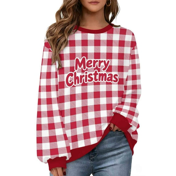 Merry Christmas Sweatshirts for Women Teen Girls Plaid Print Cotton Fleece Sweater Tops Soft Warm Festive Clothes (XL, Red)