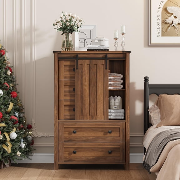 5-Drawer Dresser for Bedroom, 48" Tall Modern Chest of Drawers with Sliding Barn Door, Adjustable Shelf, Wood Closet Clothes Storage Organizer, for Living Room & Hallway