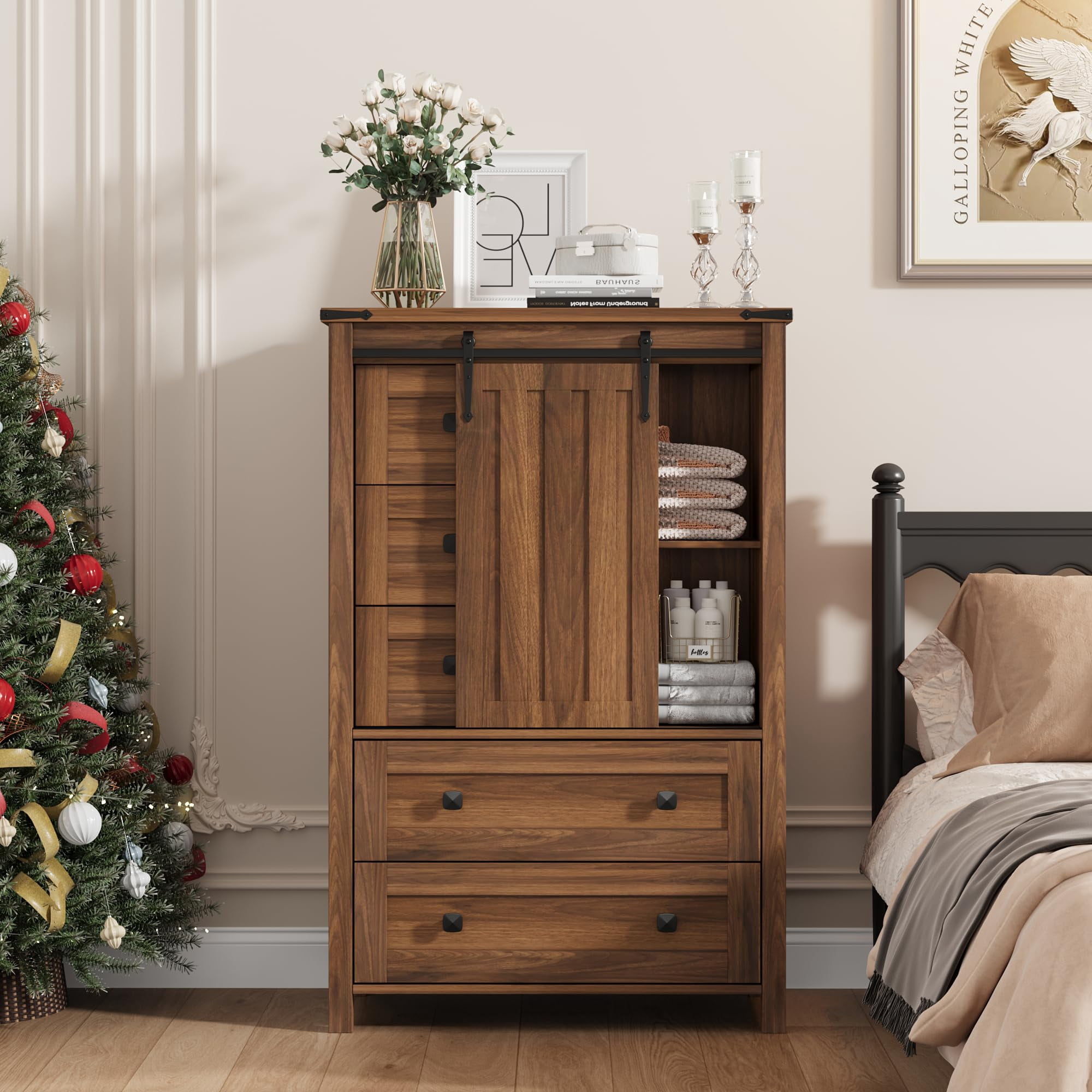 Dresser Chest for Bedroom Farmhouse Storage Cabinet with Barn Door for Bedroom Living Room Hallway
