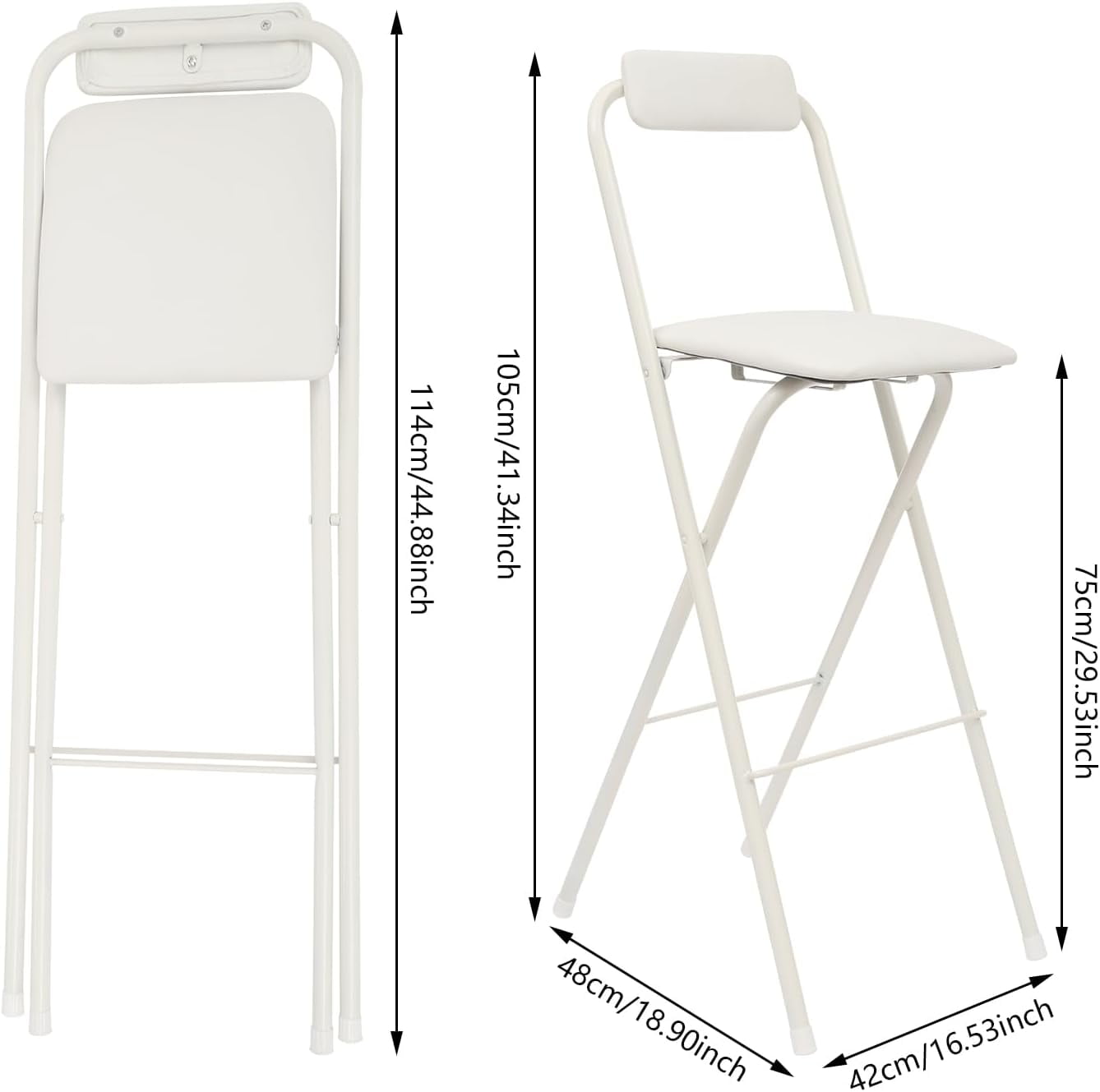 2pcs 30 inch Folding Bar Stool with Backrest - PU Cushioned Counter Height Stool, Portable Metal Frame Barstools for Outdoor, Camping, Kitchen, Shop, and Cafe (White)