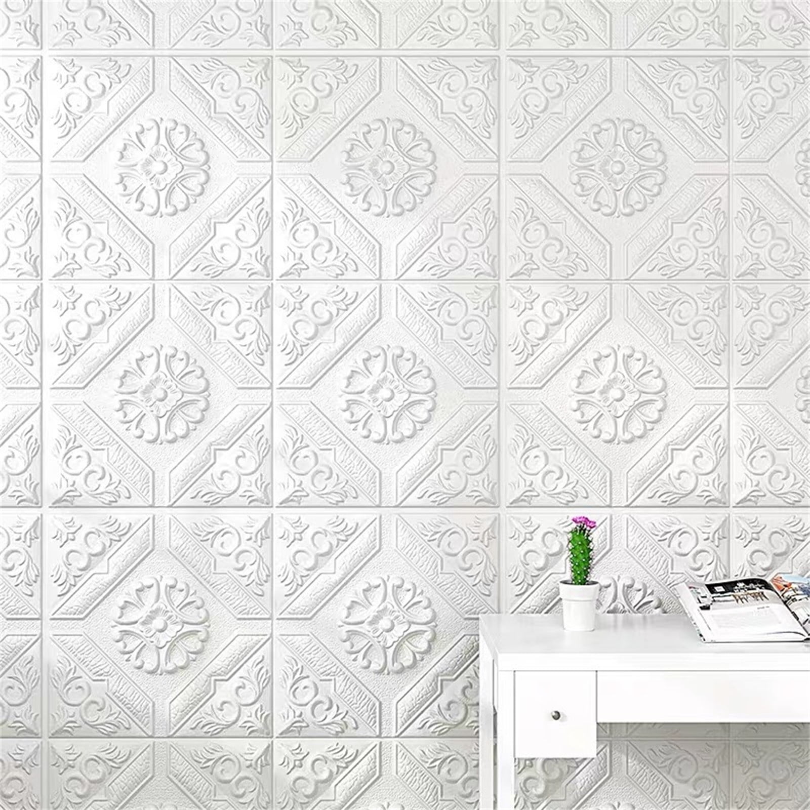 3Pcs 3D Wall Panels Peel and Stick, White Brick Printable 3D Wallpaper and Peel Self Adhesive Waterproof Foam Faux Brick Paneling for Bedroom, Bathroom, Kitchen, Fireplace 27"