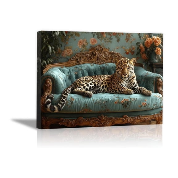 Mudket Leopard on Teal Floral Vintage Carved Sofa Canvas Wall Art, French Country Wall Pictures for Living Room Print for Apartment Home Decor , Framed Ready to Hang - 12"L x 8"W