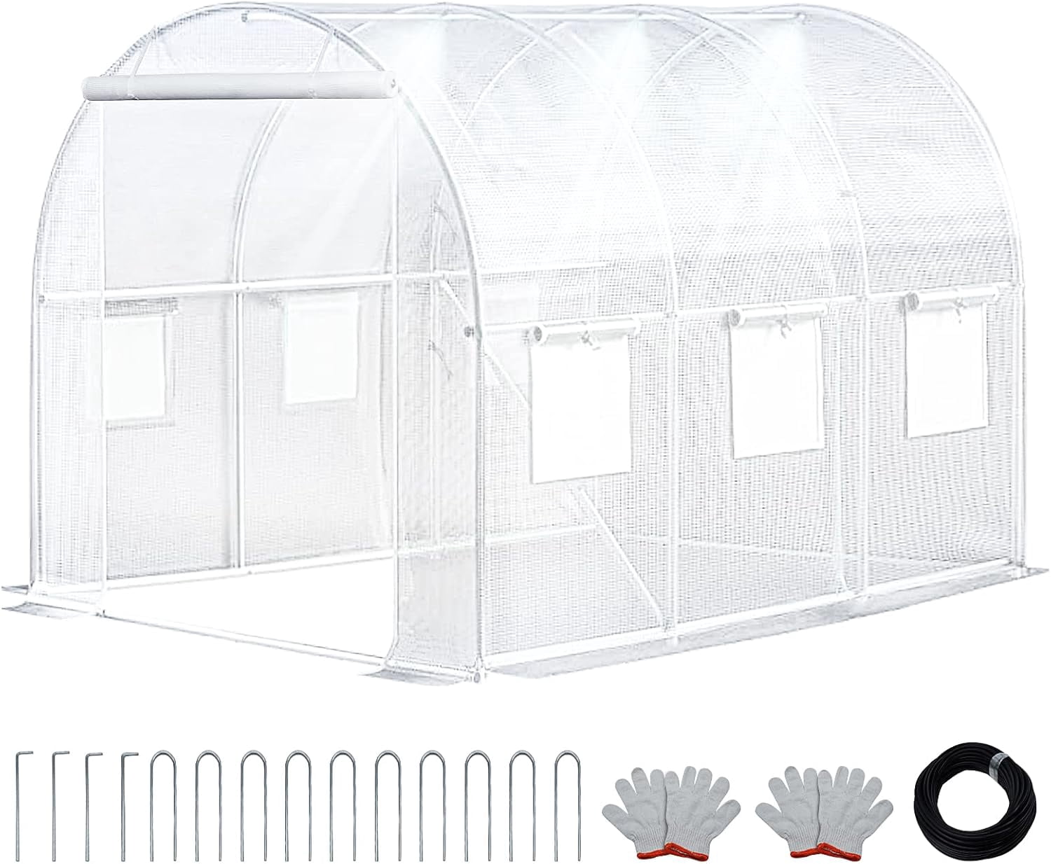 NAWAY 10'x7'x7' Outdoor Walk-in Greenhouse,Watering System,1 Zipper Door,6 Roll-up Windows,Thickened Galvanised Steel ,White