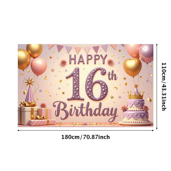 Pink Decorations Sweet 16 Birthday Banner Glamorous Design Decorative Balloons Happy Birthday Backdrop for Teen Celebration Event Decoration Photography