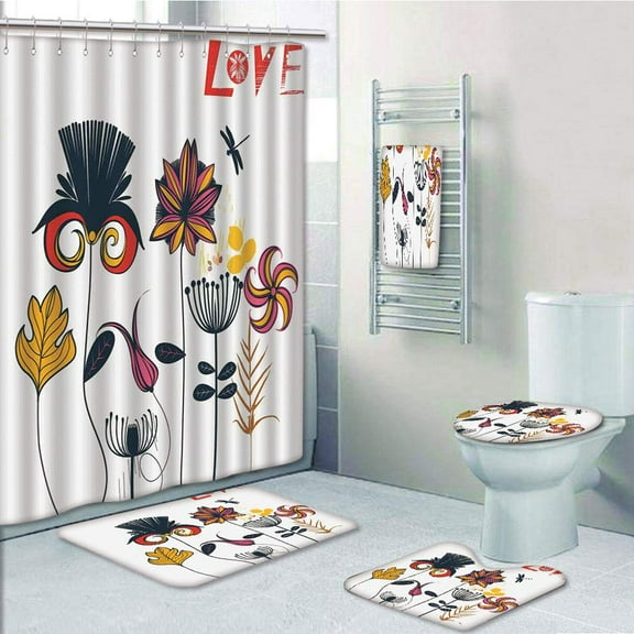 PRTAU Dragonfly Funky Featured Different Type of Flower Motif Love Mother Earth Bohemian 5 Piece Bathroom Set Shower Curtain Bath Towel Bath Rug Contour Mat and Toilet Lid Cover