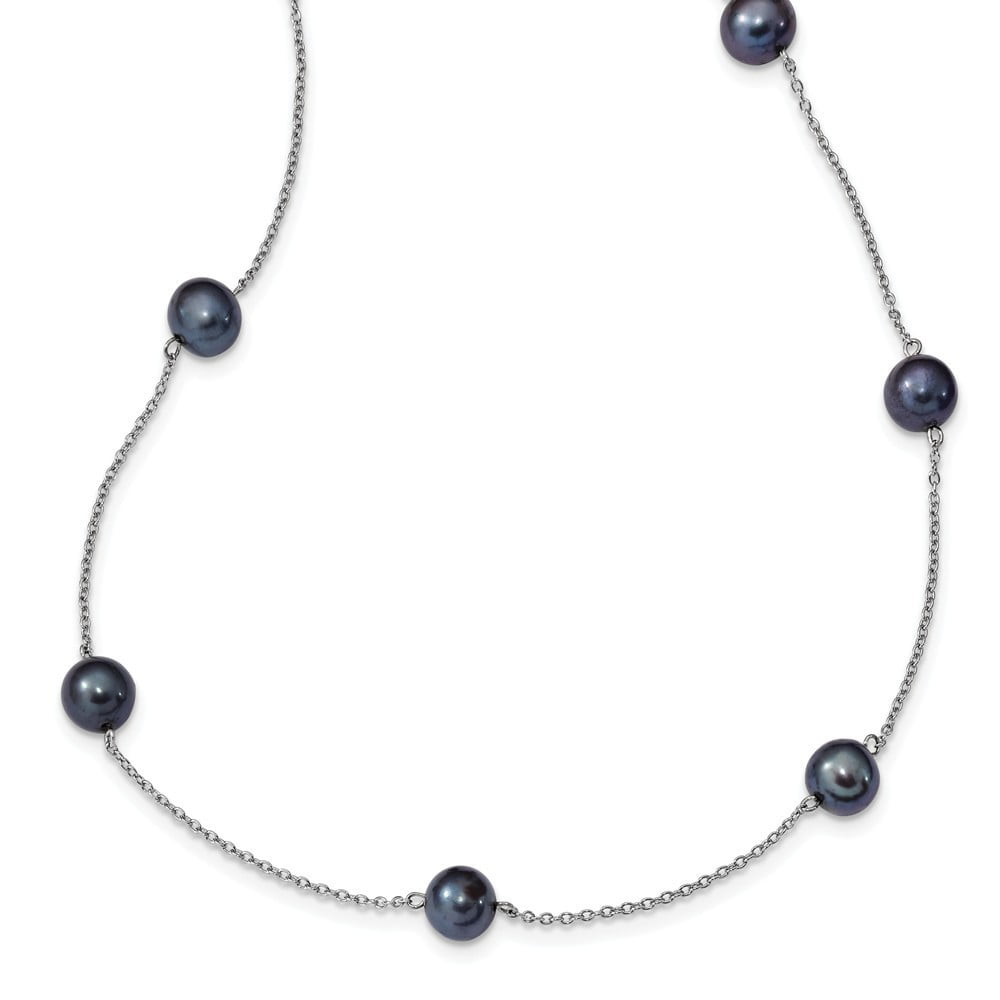 Sterling Silver Rh 7-8mm Black Freshwater Cultured Pearl 9 Station Necklace  - 18 Inch