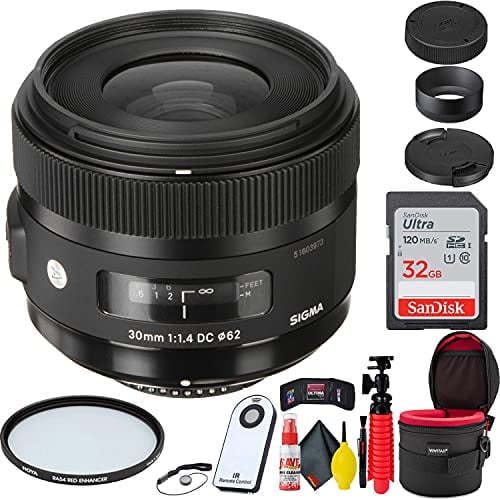 Sigma 30mm F/1.4 DC HSM Art Lens for Nikon F   32GB SD Card Bundle