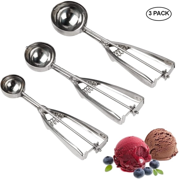 Ausign Set of 3 ice cream scoops/cookie scoops in varying sizes: small (8.27 inches/4cm), medium (8.66 inches/5cm), and large (9 inches/6cm)