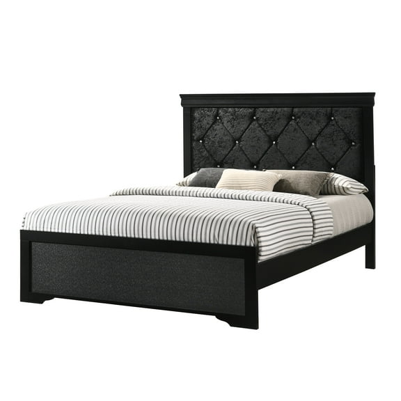 1Pc Black Finish King Size Panel Upholstered Button Tufted Headboard Bed Wooden Bedroom Furniture