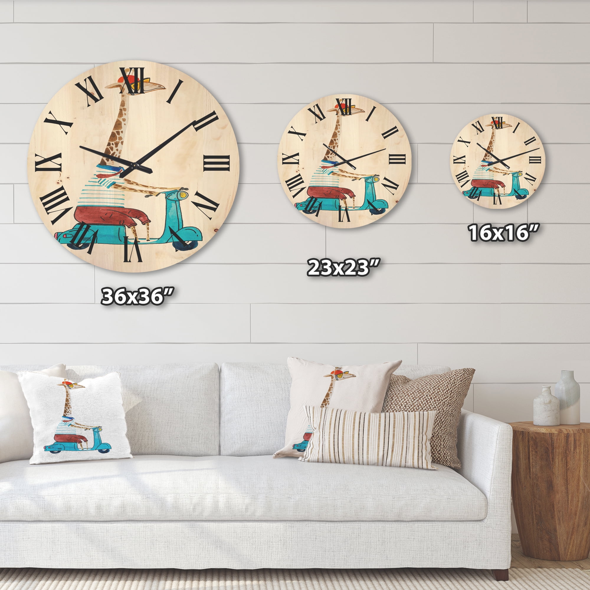 Designart 'Giraffe Dressed Up Wearing Helmet & Riding Blue Scooter' Children's Art Wood Wall Clock