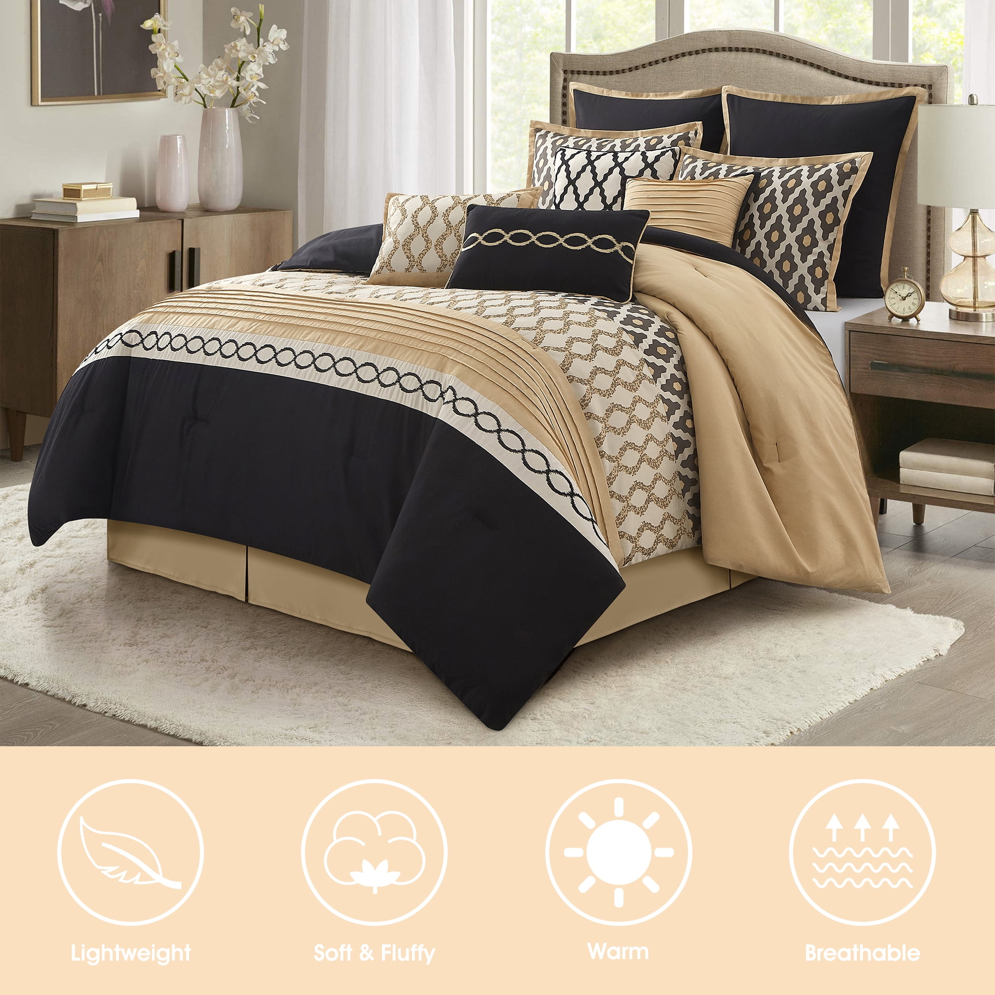 Lanco Geometirc Queen Black Gold Comforter Set, 10 Piece, Jacquard Bedding Comforters & Sets, Bedskirt, Pillows & Shams, Ultra-Soft