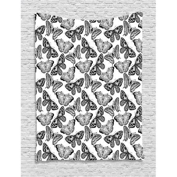 Black and White Tapestry, Monochrome Assortment of Butterflies Schaus Swallowtails and Birdwings, Wall Hanging for Bedroom Living Room Dorm Decor, 60W X 80L Inches, Black White, by Ambesonne