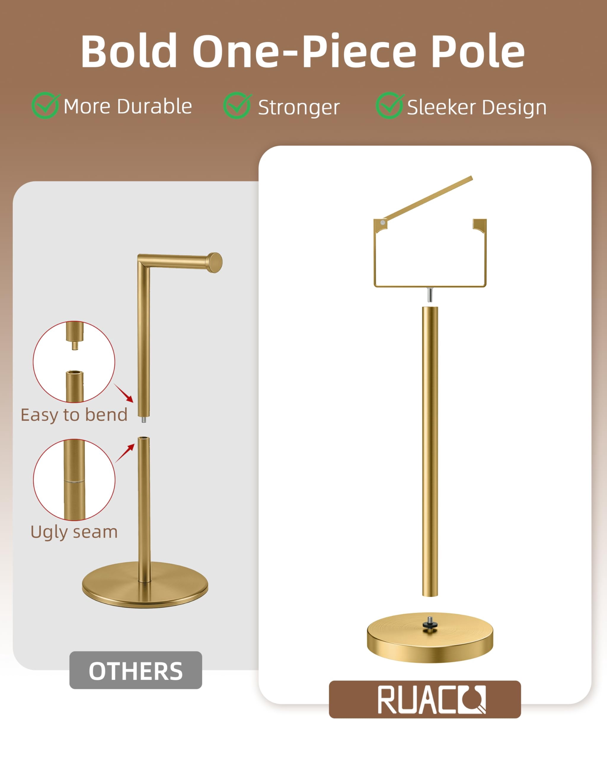 RUACQ Toilet Paper Holder Stand, Magnetic Closure Toilet Paper Stand with Lift-Up Rotating Arm, SUS304 Stainless Steel Bathroom Toilet Paper Holder Free Standing, Weighted Base (Brushed Gold)