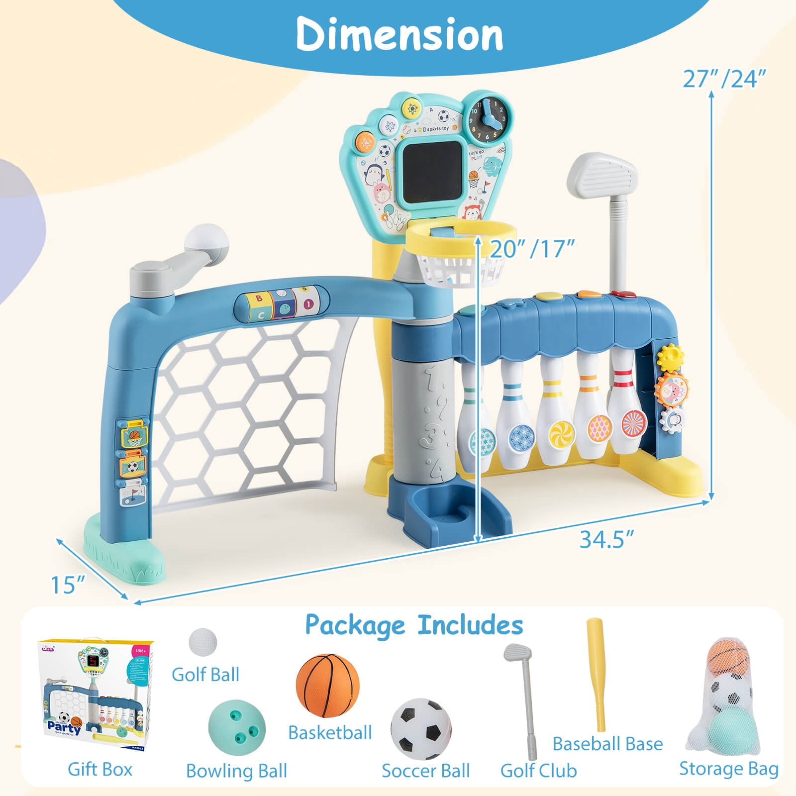 Costway Toddler Sports Toys 5-in-1 Basketball Soccer Bowling Baseball Golf with Lights