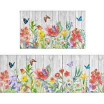 Spring Kitchen Rugs Set of 2,Anti-Slip Washable Kitchen Mats，Wood Grain Floral Kitchen mat, Seasonal Holiday Decorations for Home Kitchen，17x30 17x47 Inch