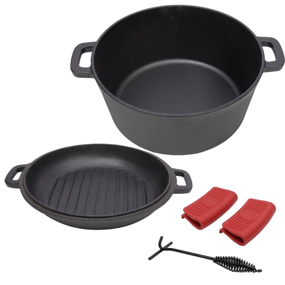 Cast Iron Dutch Oven 5 Quart, Pre-Seasoned 3-in-1 Camping Cookware with Skillet Lid, Ribbed Grill Bottom, Heavy Duty Pot for Campfire Cooking, Baking, Includes Lid Lifter & Silicone Handle Covers