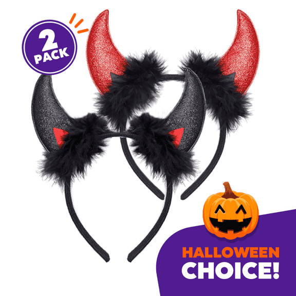Halloween Devil Horn Headband - 2 Pack, Red & Black Glitter Hairband Costume Accessory, Headpiece Cat Ears Halloween Dress Cosplay Costume Accessories