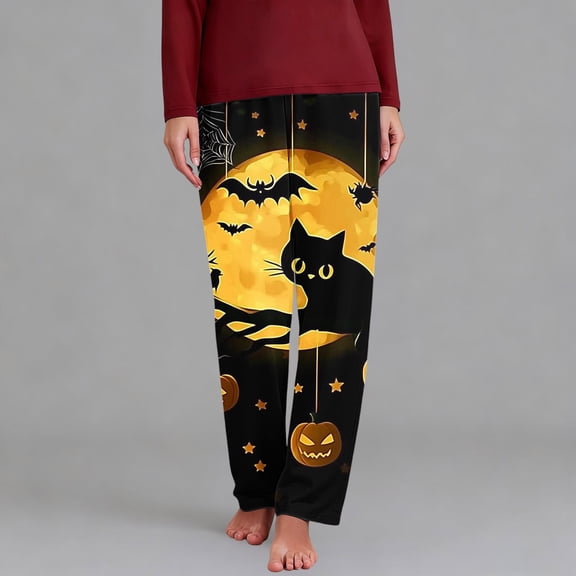 Axiiglly Halloween Pajama Pants for Women,Plus Size Printed Elastic Waist Wide Leg Sleep Pants,Casual Loose Sleepwear Bottoms Lounge Pants Halloween Gifts S-5XL