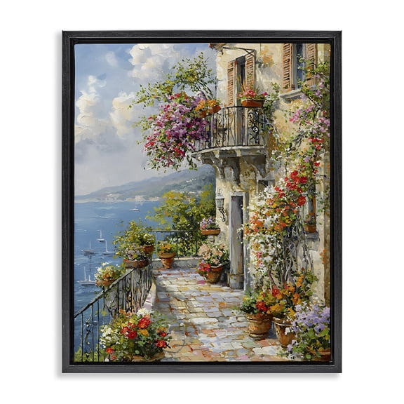 Stupell Industries Botanical Lined Seaside Cityscapes Painting Black Floater Framed Canvas Art Print Wall Art, 17 x 21