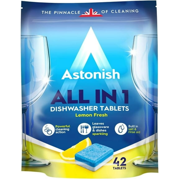 Astonish All In 1 Dishwasher Tablets - Household Cleaner Removes Grease, Grime, & Surface Stains - Dishwasher Soap with Salt & Rinse Aid, Cruelty Free Dishwasher Detergent, Lemon Fresh, 42 Pack